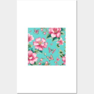 Pink and turquoise chinoiserie flowers and butterflies Posters and Art